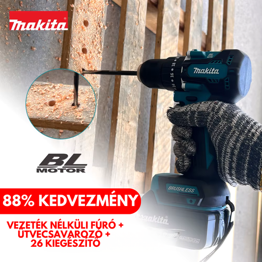 EREDETI MAKITA KÉSZLET: Vezeték nélküli fúró + ütve-csavarozó + 26 kiegészítő + 2 akkumulátor
