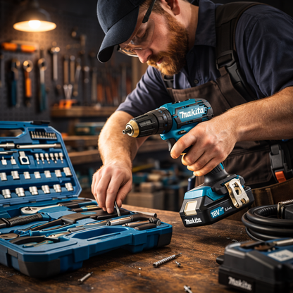 EREDETI MAKITA KÉSZLET – FÚRÓ/CSAVAROZÓ + 2 AKKUMULÁTOR + TÖLTŐ + HORDTÁSKA ÉS INGYENES SZERSZÁMOS KOFFFER