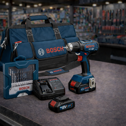 BOSCH 18V FÚRÓ-CSAVAROZÓ 2 AKKUMULÁTORRAL + TÖLTŐVEL + 15 DARABOS FÚRÓKÉSZLET + BOSCH TÁSKA AJÁNDÉKBA