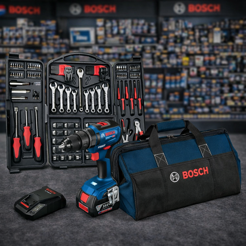 BOSCH 18V PROFI KÉSZLET: FÚRÓ-CSAVAROZÓ + AKKUMULÁTOR + TÖLTŐ + SZERSZÁMKÉSZLET — AJÁNDÉK BOSCH HORDTÁSKA!