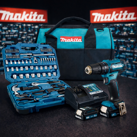 EREDETI MAKITA KÉSZLET – FÚRÓ/CSAVAROZÓ + 2 AKKUMULÁTOR + TÖLTŐ + HORDTÁSKA ÉS INGYENES SZERSZÁMOS KOFFFER