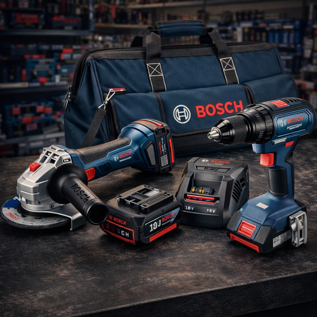 BOSCH EREDETI 18V-OS KÉSZLET: AKKUS FÚRÓ-CSAVAROZÓ + SAROKCSISZOLÓ + 18V AKKUMULÁTOR + GYORSTÖLTŐ + AJÁNDÉK EREDETI BOSCH TÁSKA.